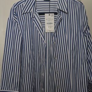 Zara Women's Blue and White Striped Button Down Shirt